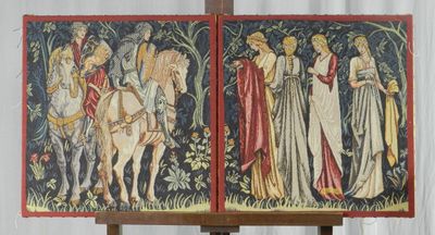 two panels of a tapestry with a woman on a horse and a man on a horse
