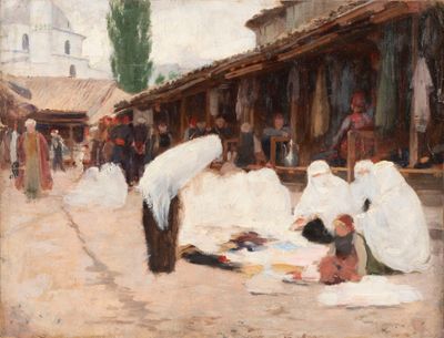a painting of a group of people outside of a market