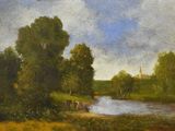 un tableau représentant des vaches au bord d'une rivière, avec une église en arrière-plan
