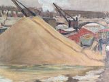 a painting of a large pile of sand on the beach