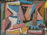 painting of a painting of a boat, a vase, and other items