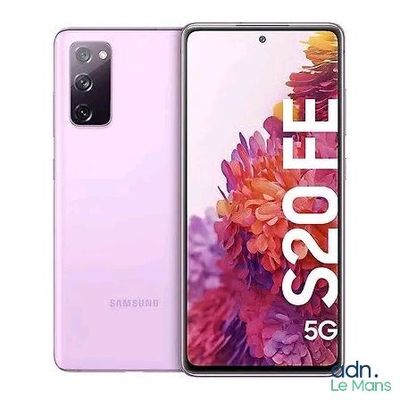 un gros plan d'un Samsung Galaxy S20 violet avec une fleur à l'écran
