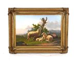 an image of a painting of sheep and lambs in a landscape
