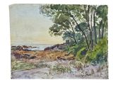 watercolor painting of a beach scene with trees and a path