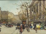 a painting of people walking down the street in the city
