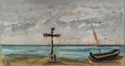 un tableau représentant une croix et un bateau sur la plage