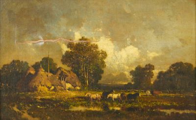 une image représentant un tableau où l'on voit des moutons paître dans un champ