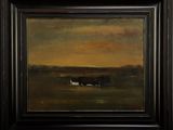an oil painting of cows grazing in a field with a sunset in the background