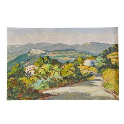 un tableau représentant une route de campagne avec des maisons et des collines en arrière-plan