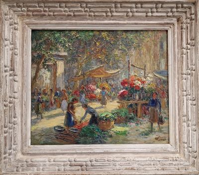 an image of a painting of a market scene with a woman selling flowers