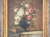 tableau représentant un vase de fleurs posé sur une table, à côté d'un livre
