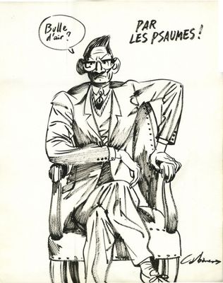 dessin représentant un homme assis sur une chaise, les jambes croisées