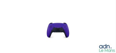 a purple video game controller sitting on top of a white surface