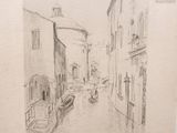 a drawing of a boat on a canal in a city