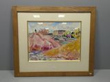 aquarelle encadrée représentant un paysage avec un pont au-dessus d'une rivière