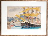 une aquarelle représentant un bateau dans un port