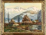 un tableau représentant un paysage de montagne avec des meules de foin au premier plan