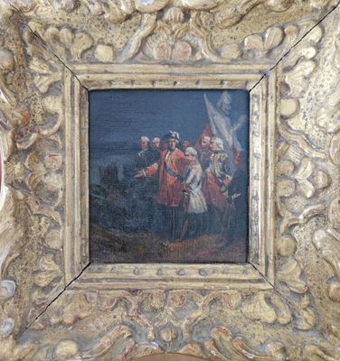 une image d'une peinture représentant un groupe de personnes devant un bâtiment