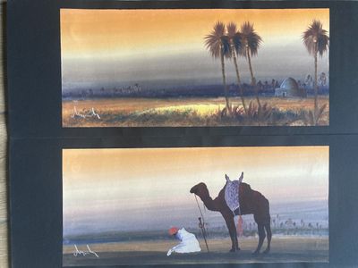 painting of a camel and a man on a beach with palm trees