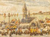 une image représentant un tableau d'une ville avec une église en arrière-plan