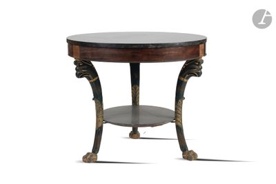 une image représentant une table ronde avec un plateau en marbre et des pieds en métal