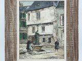 an image of a painting of two people walking in front of a building