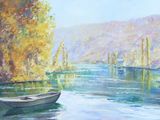 a painting of a boat on the water near a cliff