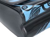 an image of a black and blue purse with a flower design