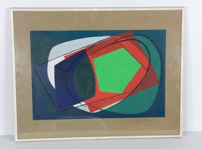 une peinture abstraite représentant un motif géométrique rouge, vert et bleu