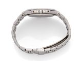 a close up of a silver bracelet with diamonds on a white background