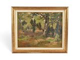 une peinture à l'huile représentant une scène boisée avec des arbres au premier plan