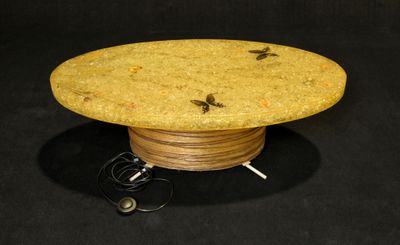 a table with a wooden base and a wire on top of it