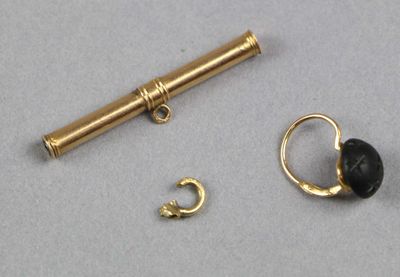 une image représentant une paire de boucles d'oreilles en or et un tube en or