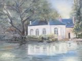a painting of a house by the water in the woods