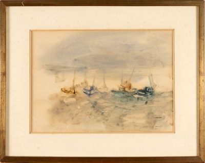 a painting of a group of boats in the water