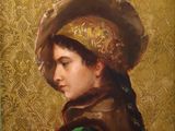 une peinture à l'huile représentant une femme vêtue d'une robe verte et d'un chapeau