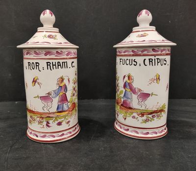 pair of antique french hand painted porcelain canisters with figurines