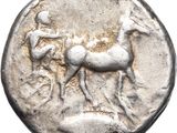a close up of a silver coin with a horse on it