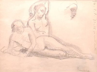 dessin représentant une femme assise par terre à côté d'un homme tenant un cerf-volant