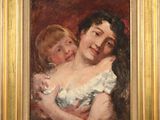 une peinture à l'huile représentant une femme tenant un enfant dans ses bras