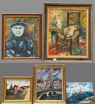 four framed paintings of a woman sitting in a chair and a painting of a woman sitting in a chair
