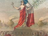 an image of a painting of a woman holding a flag on top of a statue