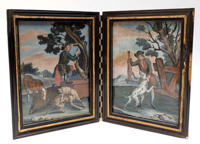 deux tableaux représentant un homme avec un chien et un homme avec un chien