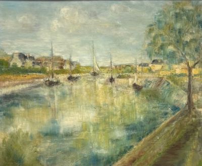 une peinture d'une rivière avec des bateaux