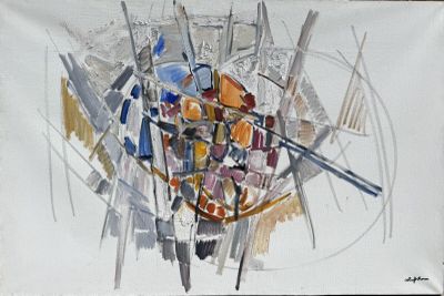 une peinture représentant un bol de nourriture posé sur une table