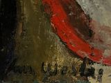 a painting of a red and white bird on a brown and black background