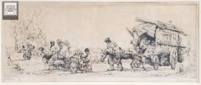 dessin représentant un groupe de personnes à bord d'un chariot tiré par des chevaux