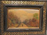 painting of a man walking down a dirt road with trees in the background