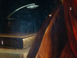 painting of a woman reading a book in a dark room