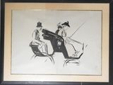 painting of a man and a woman riding a horse drawn by a man